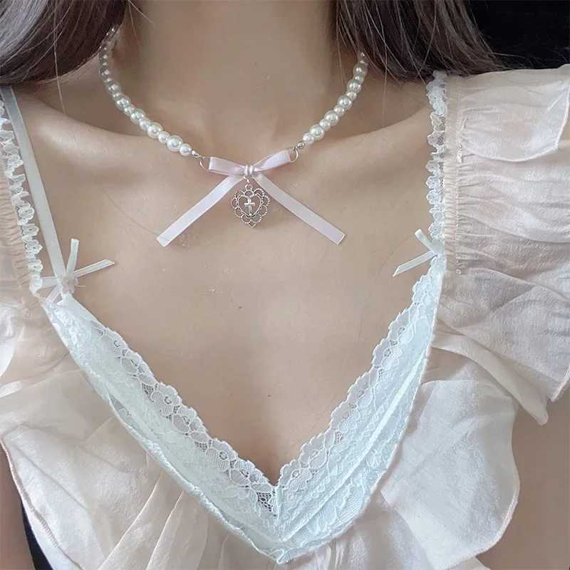 Kpop Goth Pink Ribbon Bow Imitation Pearl Beads Choker Necklace Y2K Sweet Cute Heart Pendant Clavicle Chain Girl Lolita JewelryX241009