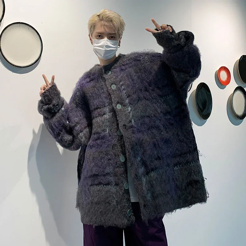 Autumn Korean fashion striped cardigan mens retro casual button knit long sleeved pocket Y2K sweater jacket 241007