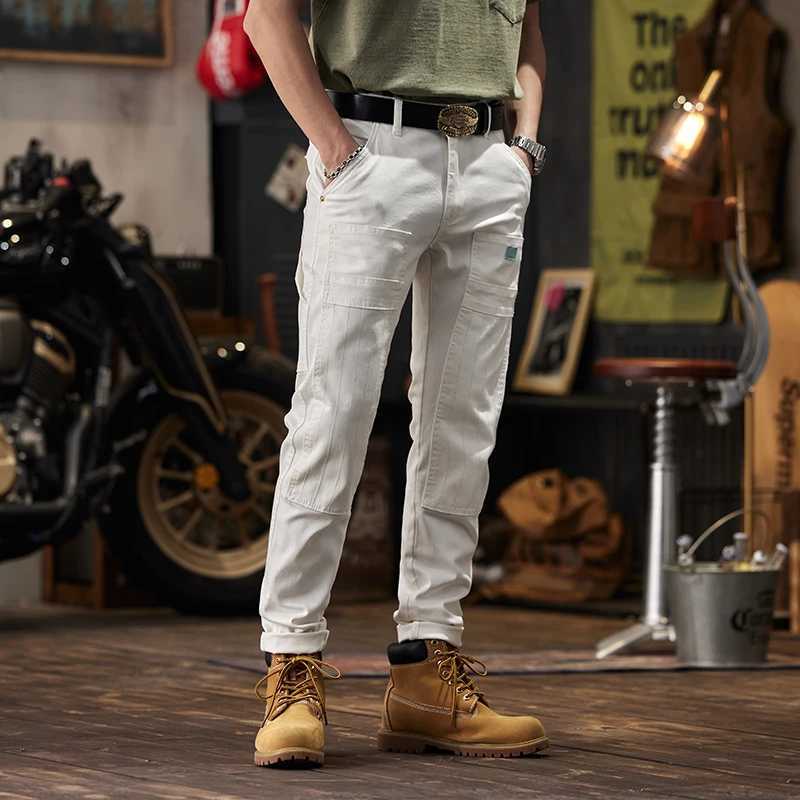 White Motorcycle Stitching Jeans Mens Fashion High-End Tight Stretch Korean Fashion Slim Fit Ankle Tight TrousersX241009