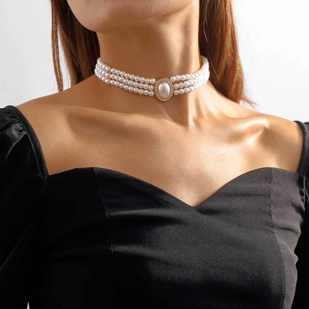 Multi-Layer Black Imitation Pearl Necklace Bead Chain Punk Ladies Wedding Short Clavicle Necklac Girl Charm Banquet JewelryX241009