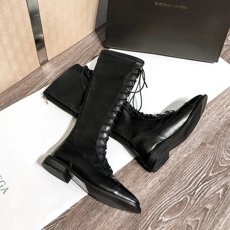 Antumn Winter Lace Up Long Boots Women Designer Low Heel Motorcycle Booties Square Toe Soft Leather Knee High Botas Plush
