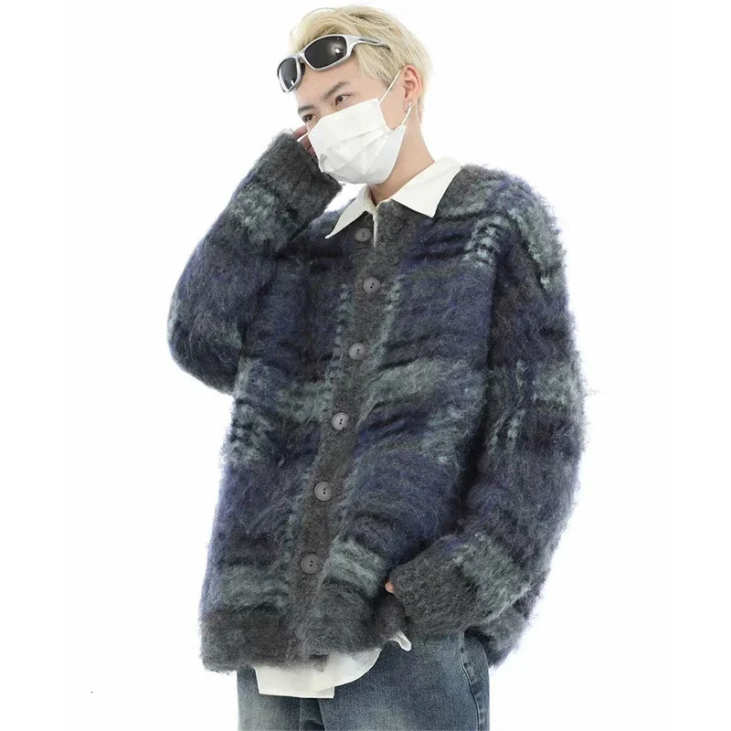 Autumn Korean fashion striped cardigan mens retro casual button knit long sleeved pocket Y2K sweater jacket 241007