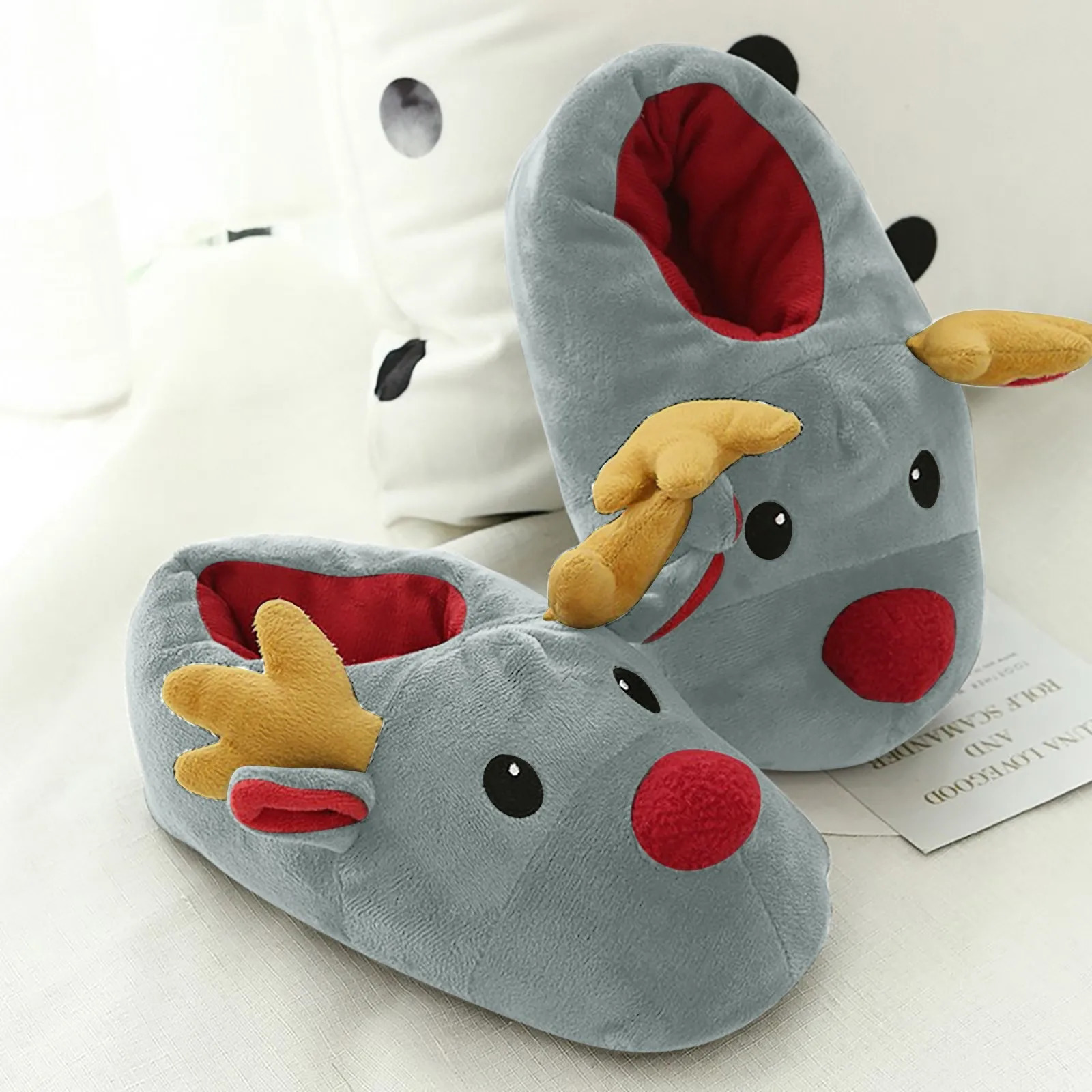 Womens Slippers Deer Christmas Shoes Cotton Plush Cute Slippers Winter Cotton Indoor House Flat Floor Soft Warm Plush Slippers 241010