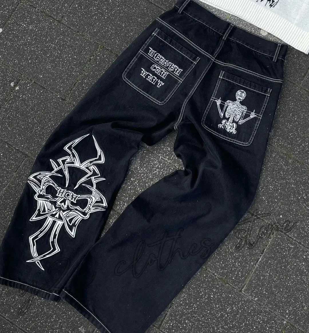 New Baggy Casual Wide Leg Jeans Men Street Retro Hip Hop Print Jeans Trend Fashion Black High-waist Jean Y2k Men Clothing 2023X241009