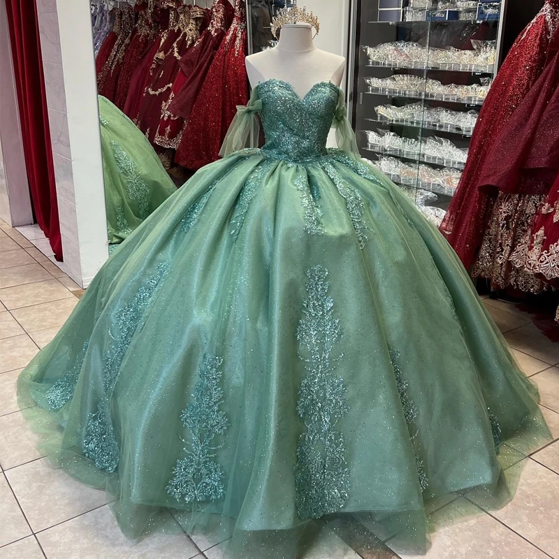Sage Green Shiny Ball Gown Quinceanera Dresses Off the Shoulder Sequined Appliques Lace Beading Tull Corset Vestidos De 15 Anos Sweet 16 Dress