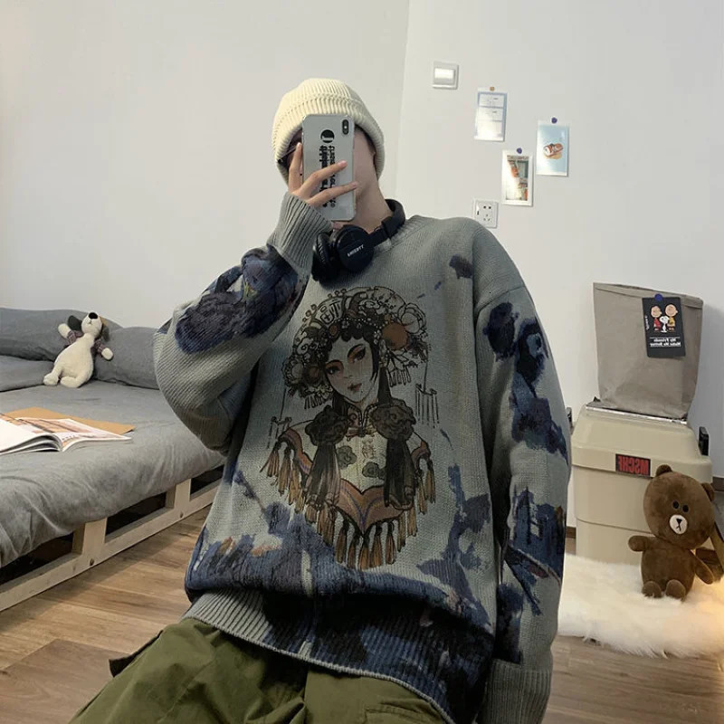 2023 Spring and Autumn Chinese Style Thread Round Neck Printed Loose Casual Versatile Fashion Mens Knitted Pullover Sweater 240930