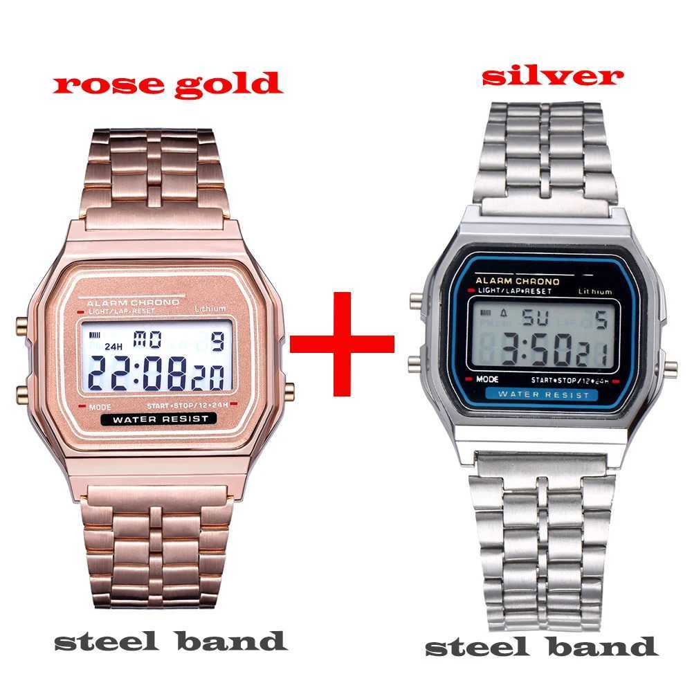 2Pcs Fashion Digital Mens Watches Gold Luxury Stainless Steel Link Bracelet Wrist Watch Band Business Electronic Male ClockX241010
