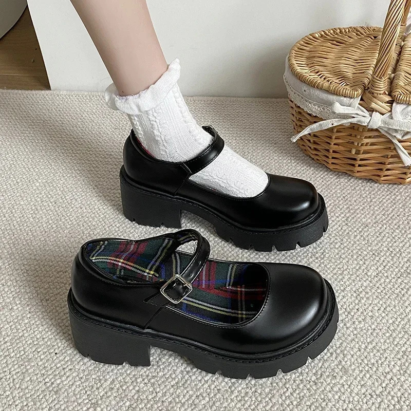 Platform Heels Mary Jane Shoes Simple Lolita Black Platform Heeled Shoes Student College Sweet Medium Heel Womens Single Shoes 241007