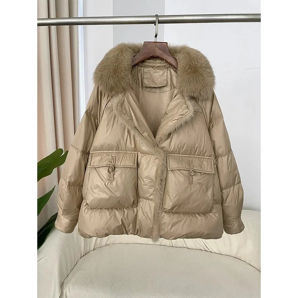 Korean style loose casual down jacket autumn fashion fox fur collar splicing 90% white duck sagging thick warm womens 241007