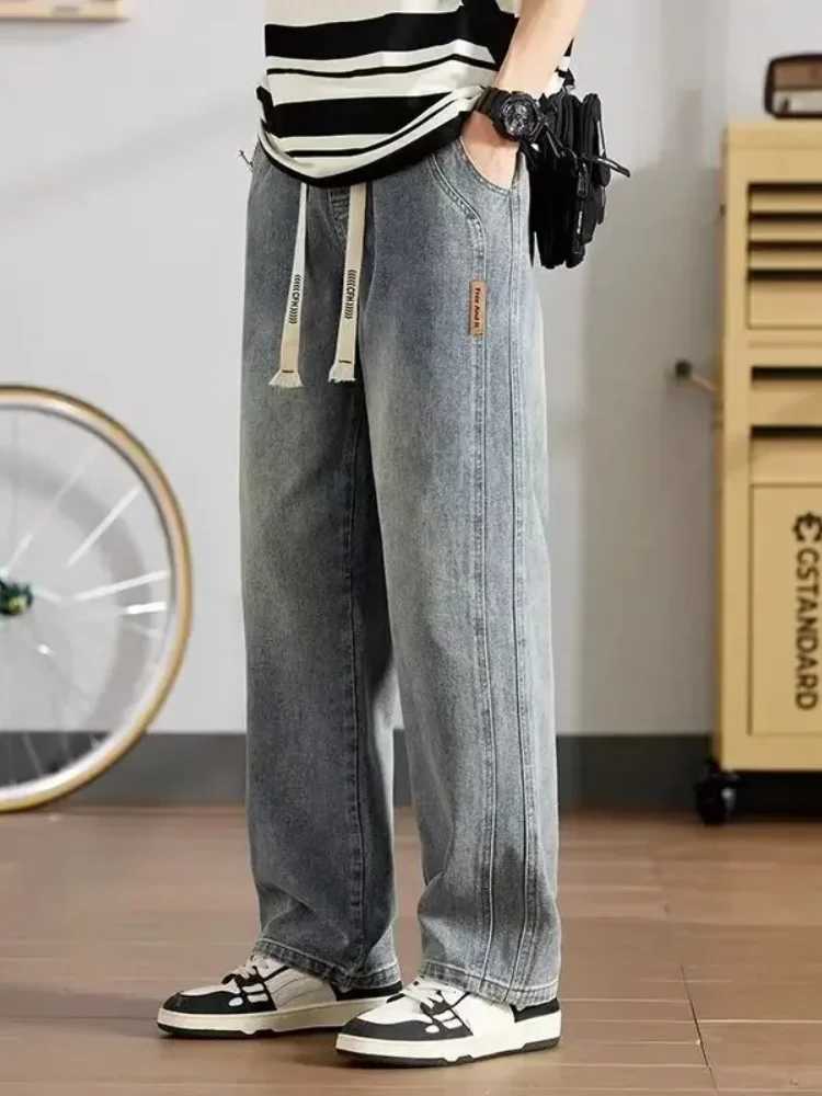 Mens Jeans American Loose Straight Casual Wide Pants Cotton Casual Vintage Male Baggy Denim Trousers Blue BlackX241009