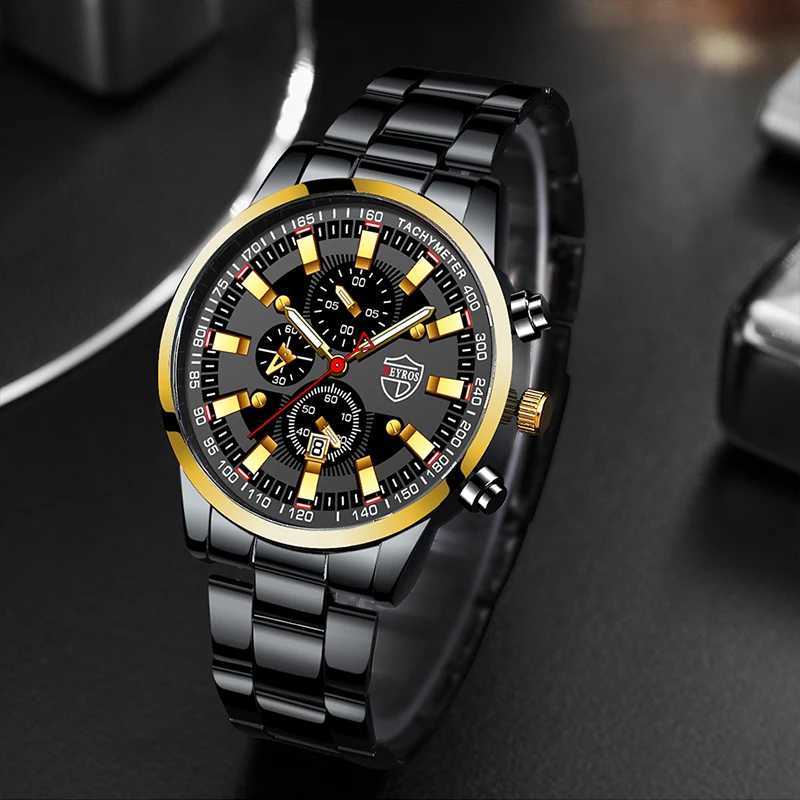 2023 Mens Watches Fashion Luxury Men Black Stainless Steel Quartz Wristwatch Man Business Casual Leather Watch relogio masculinoX241010