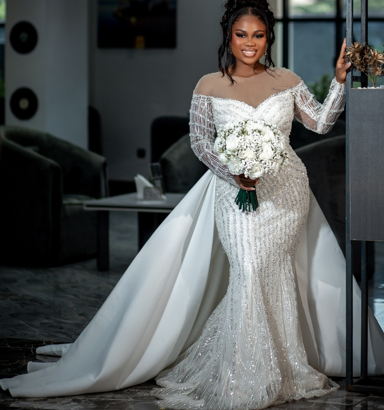 Aso Arabic Ebi Plus Size Off White Mermaid Wedding Dresses Full Sleeves Sequined Lace Detachable Train Tulle Vintage Elegant Bridal Gowns Dress ZJ