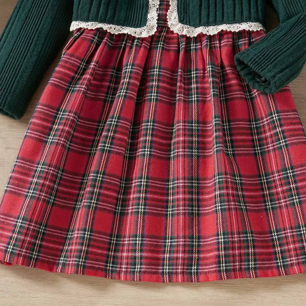 Childrens plaid girl Christmas dress autumn winter childrens long sleeved casual lace knitted cardigan top childrens clothing 241008