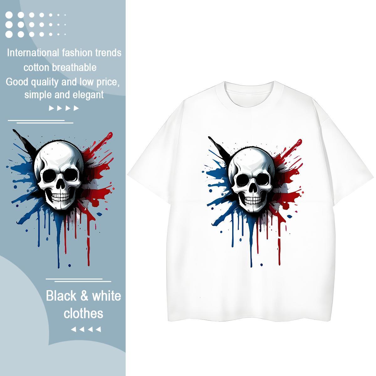 2024 Casual T-Shirts 230g Pure Cotton Round Neck Short Sleeve Daily Outfit skull Women Tshirts Loose DIY Anime Printed Clothes Shirt