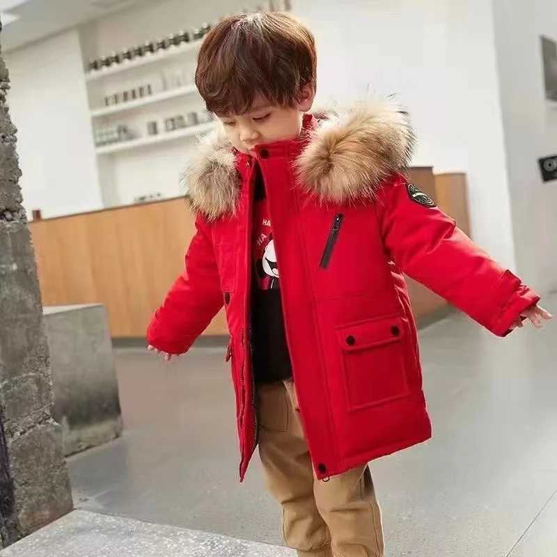 Down Coat 2024 New Boys Winter Jacket Thick Warm Coat Boys Parka Real Fur Hooded Snow Jacket Childrens Gloves 4 8 10 12 H241010