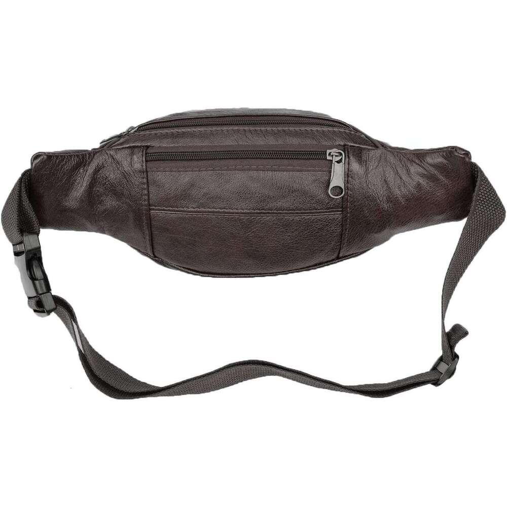Cowhide Leather Large Size 7 Pockets Fanny Pack, Waist Pack (Dark Brown)