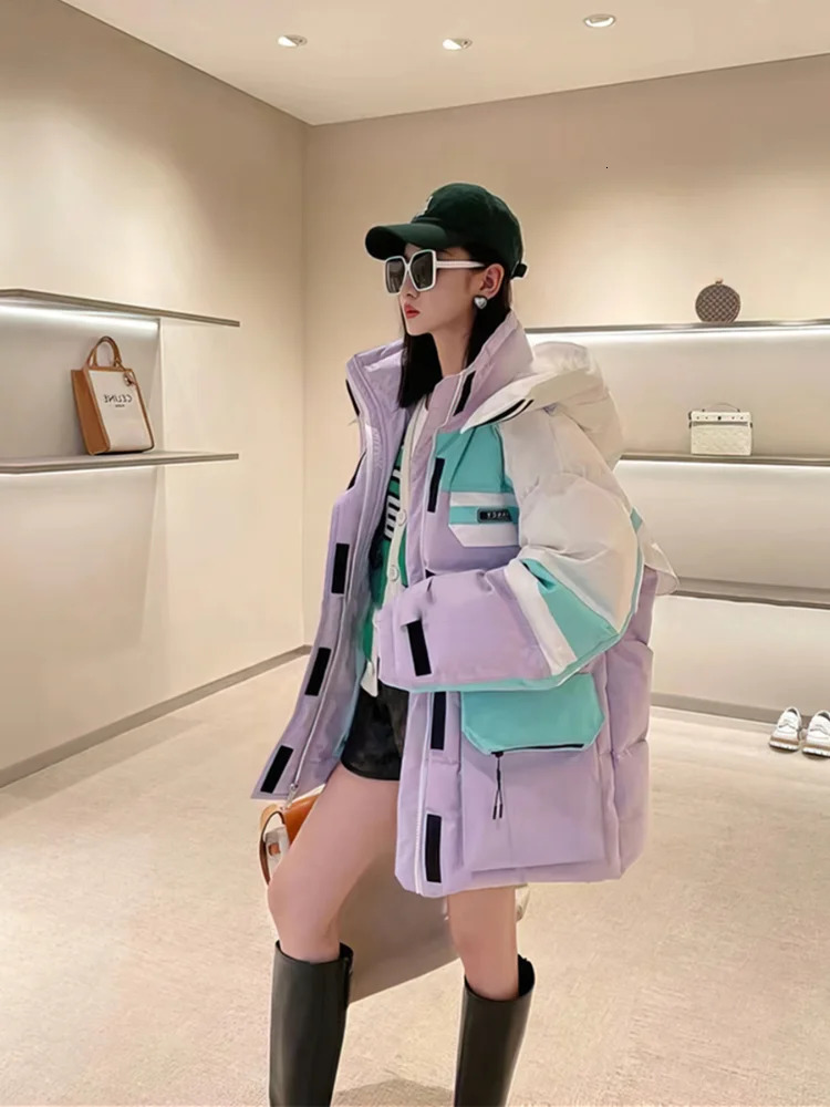 Womens colorful collision splicing work jacket down jacket white duck down thick and warm inflatable jacket winter 241009