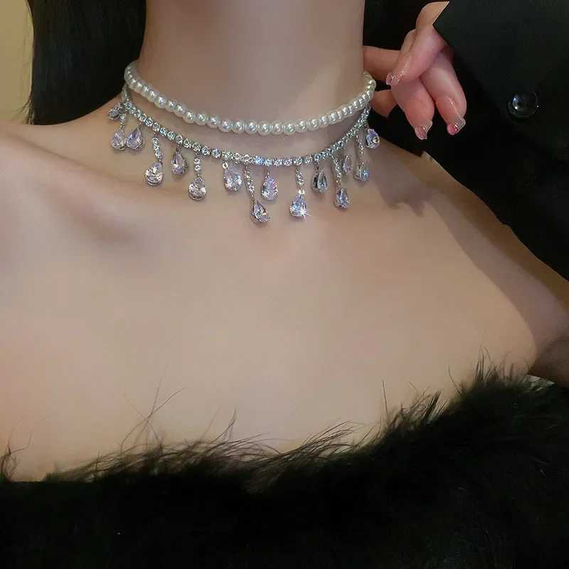 Luxury Pearl Choker Necklaces for Women Tassel Water Drop Zircon Crystal Necklaces Wedding Banquet JewelryX241009