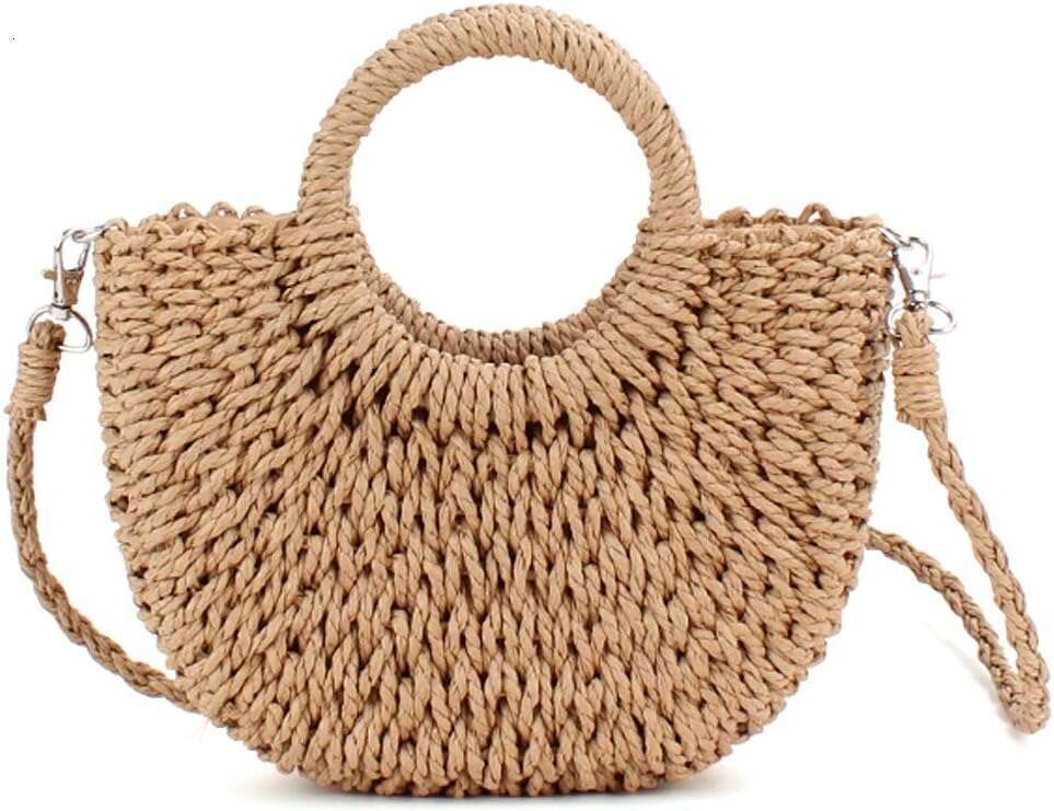 Mini Semi-circle Rattan Straw Bag, Hand-woven Women Summer Retro Tote Shoulder Crossbody Travel Beach Bag
