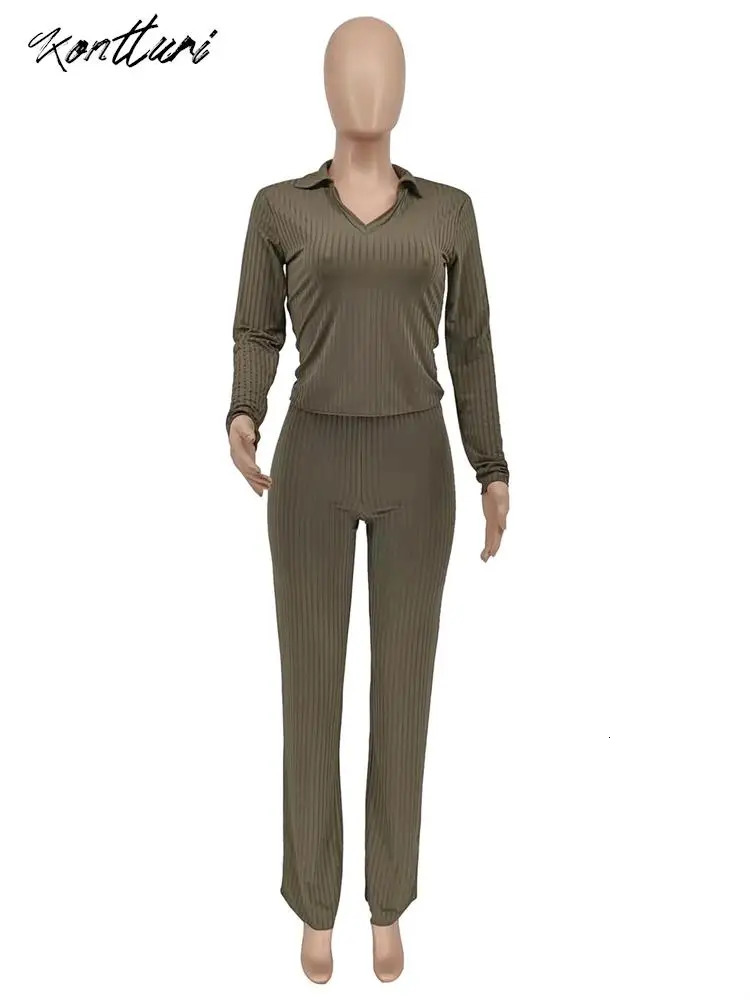 Kontturi Fall casual ribbed twopiece womens dress Vneck long sleeved top fashionable black solid pants matching set for women 241008