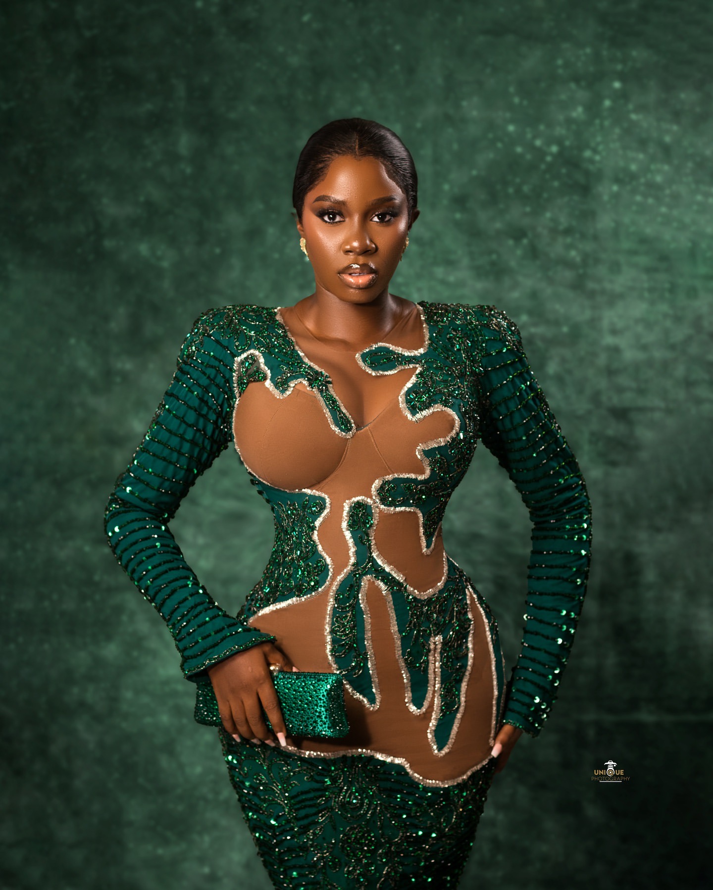 Aso Ebi 2024 Green Illusion Mermaid Prom Dresses Beaded Sequined Full Sleeves Evening Formal Party Second Reception Birthday Gowns Dress For Special O