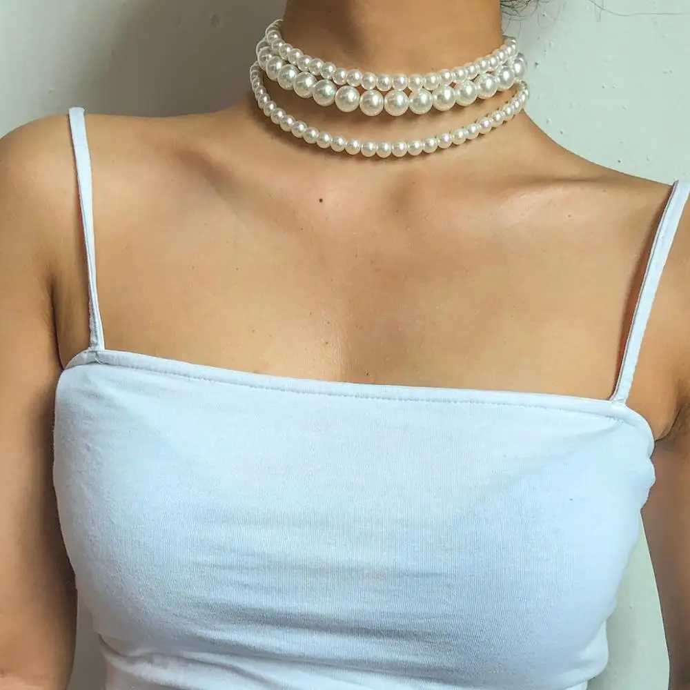 Multi-Layer White Imitation Pearl Necklace Bead Chain Punk Ladies Wedding Short Clavicle Necklac Girl Charm Banquet JewelryX241009