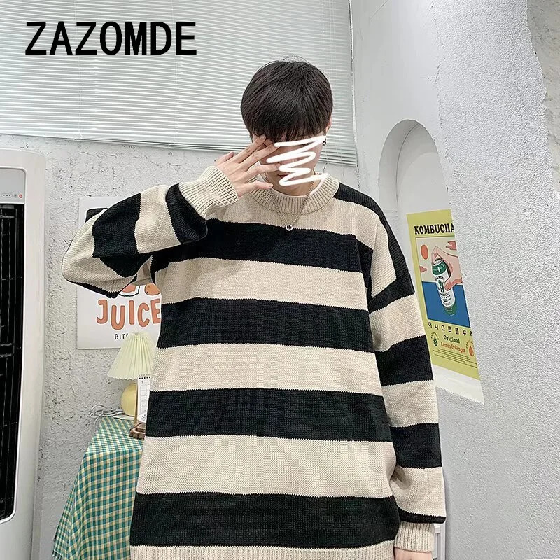ZAZOMDE Couple Sweater Classic Autumn Striped Knitted Sweater Retro O-neck Pullover American Loose Harajuku Mens Retro Top 241007