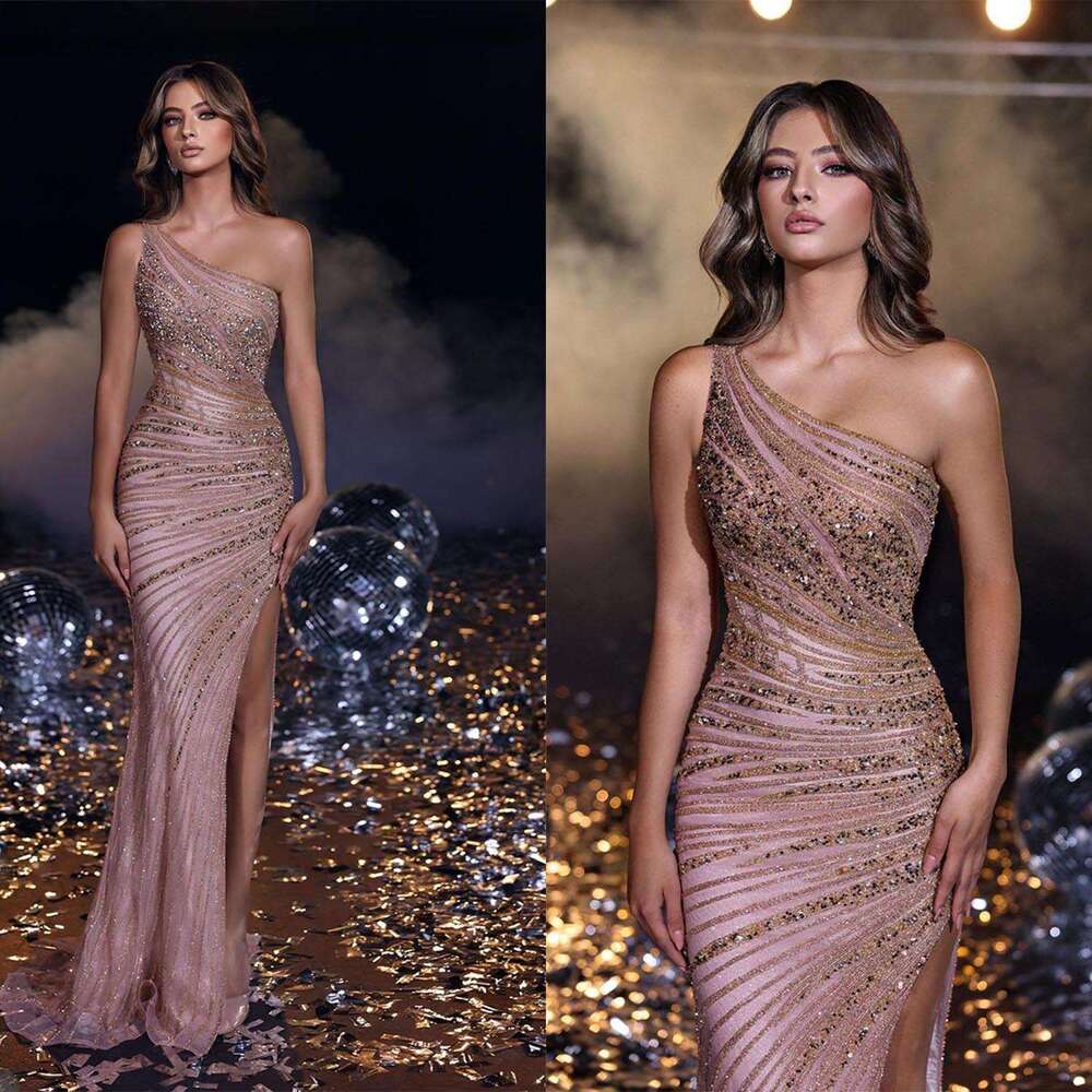 Glitter One Shoulder Evening Dresses Sequined Beading Mermaid Women Party Prom Gowns