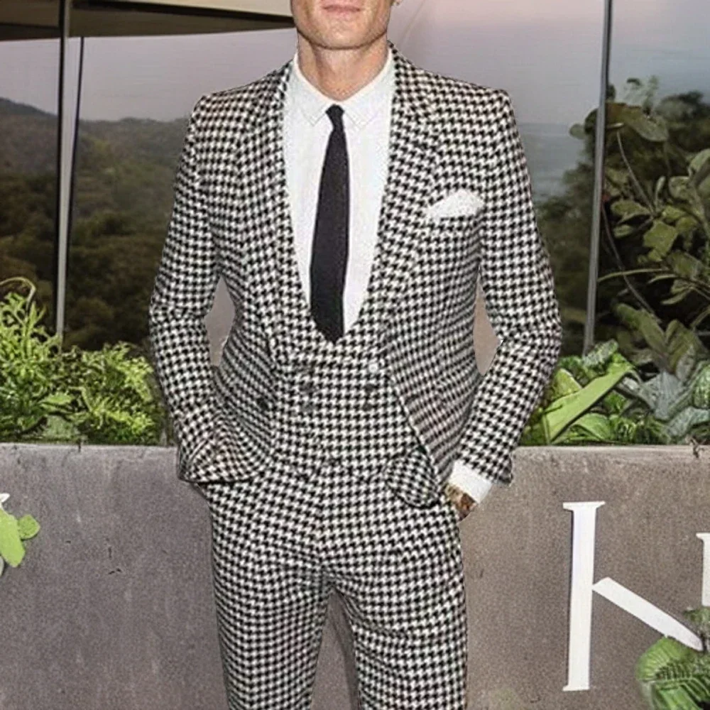 Plaid Men's Suits 3 Pcs Houndstooth Groom Tuxedos For Wedding Business Costume Notch Lapel Jacket (Blazer+Vest+Pants) 2024