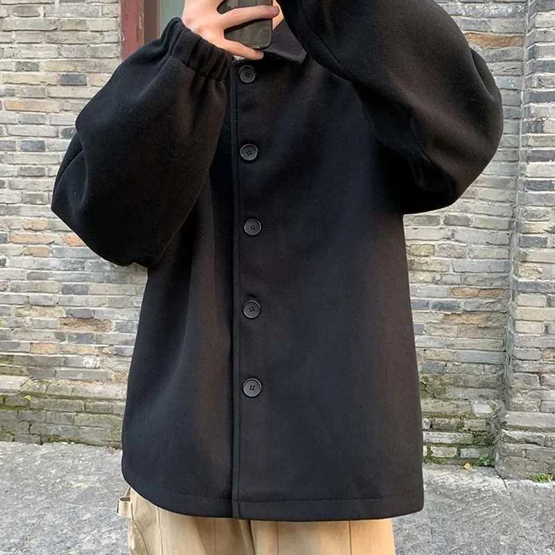 Winter Black Woolen Coats Men Vintage Single Breasted Loose Korean Fashion Wool Blends Rib Sleeve Harajuku Outerwear LX241010