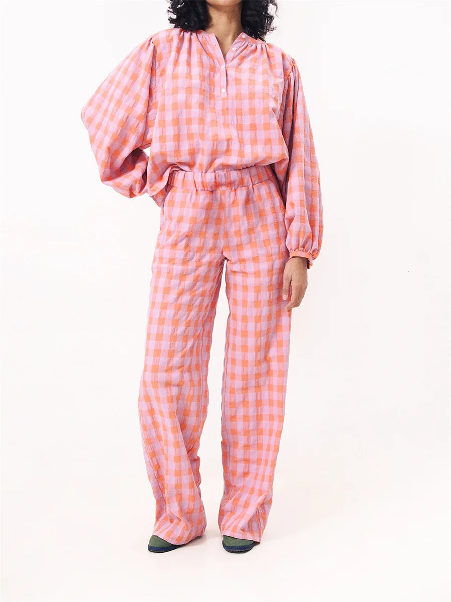 Womens Red Checkered Lounge Set Round Neck Long Sleeve Top Elastic Waist Pants 2piece Harajuku Autumn Pajama 241008