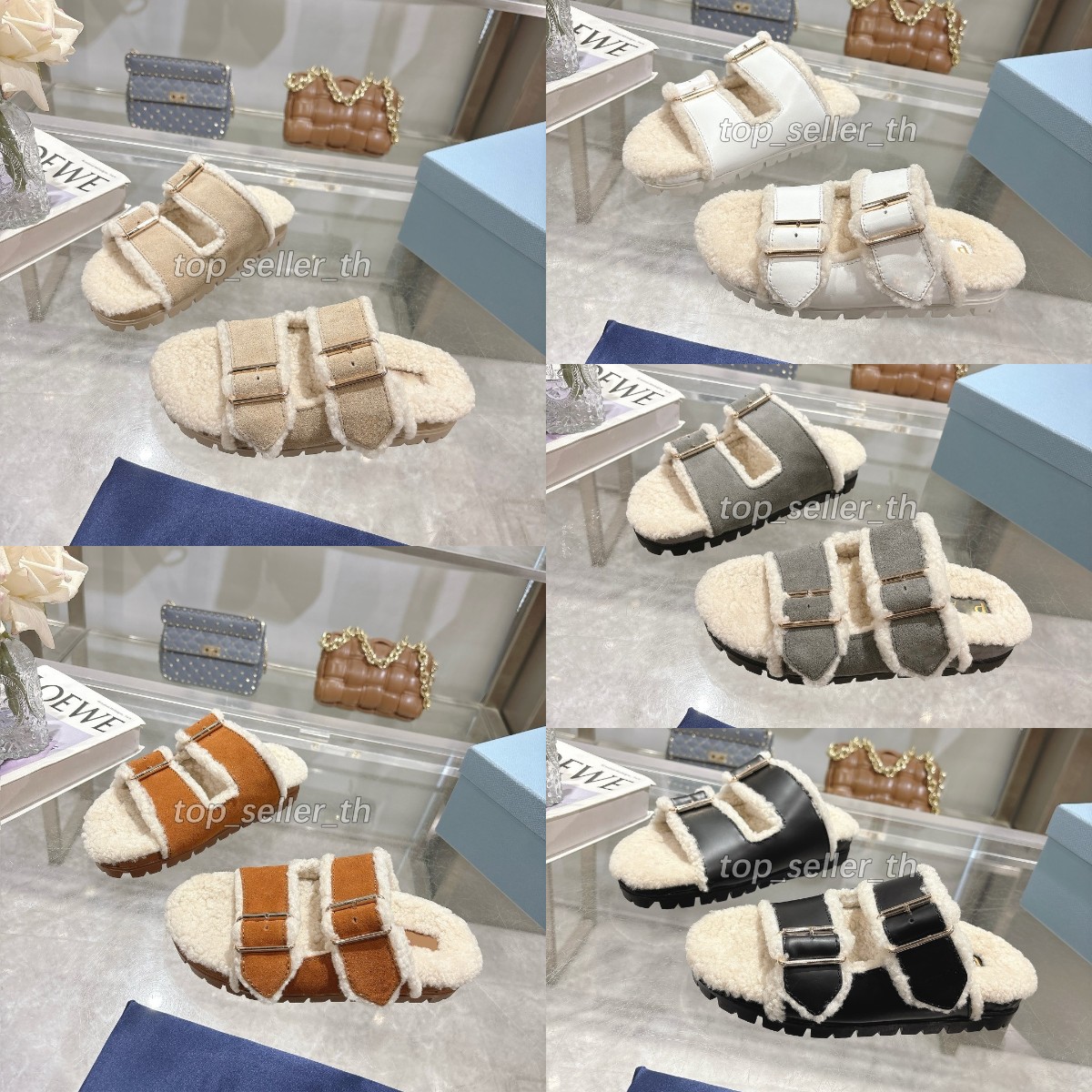 Wool Designer Slipper Women Slides Suede Slippers Fur Fuzz 2 Straps Warm Mule Buckle Claquette Ecru Slide Double Buckle Mules