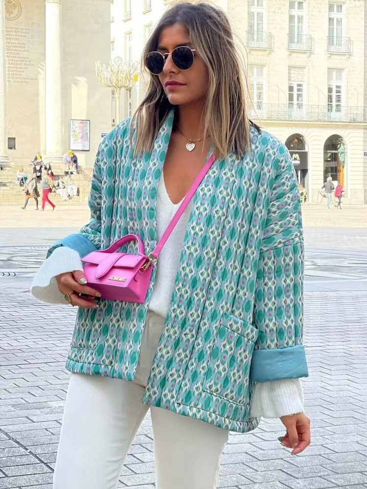 Y2K TRAF Print Quilted Coats for Women 2024 Autumn Long Sleeve Cardigan Cotton Jacket Outerwear Ladies with Pockets Jackets Coat 241010
