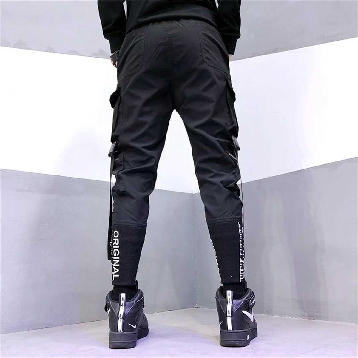 Mens cargo pants casual hip-hop hit color pocket Trouser Streetwear Ribbons Techwear sports pants boys W241009