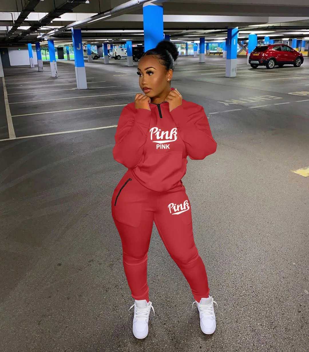 Womens new track and field suit set pink printed sports and leisure suit womens sports shirt top+pants 2-piece set sports shirt for spring and summer 