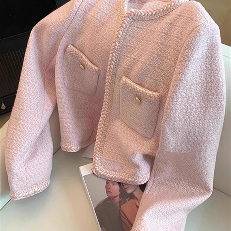 Single Breasted Elegant Cropped Coat Korean Fashion O-Neck Short Outerwear Autumn and Winter Pink Sweet Tweed Jacket Women 241010