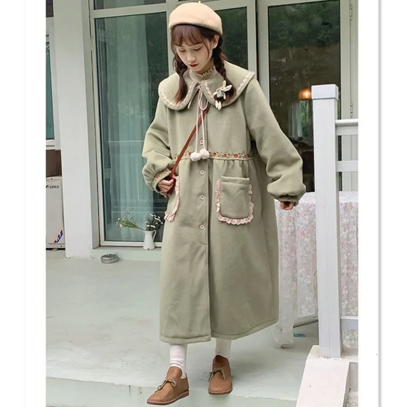 Women Coats Peter Pan Collar Ruffle Embroidered Single Breasted Coat Autumn Sweet Mid Length Large Pocket Lady Clothing 240930