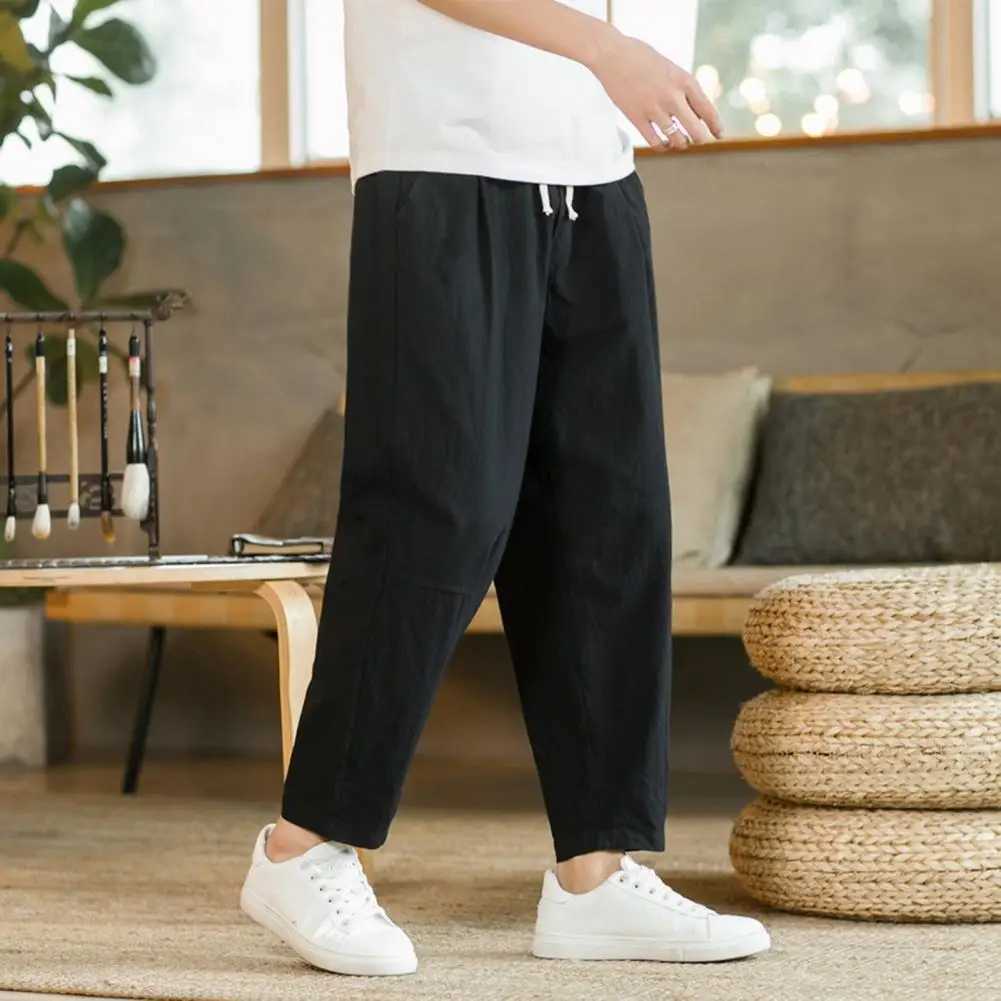 Men Cropped Trousers Men Casual Pants Mens Loose Straight Drawstring Ninth Pants with Elastic Waist Pockets Solid for Daily W250826