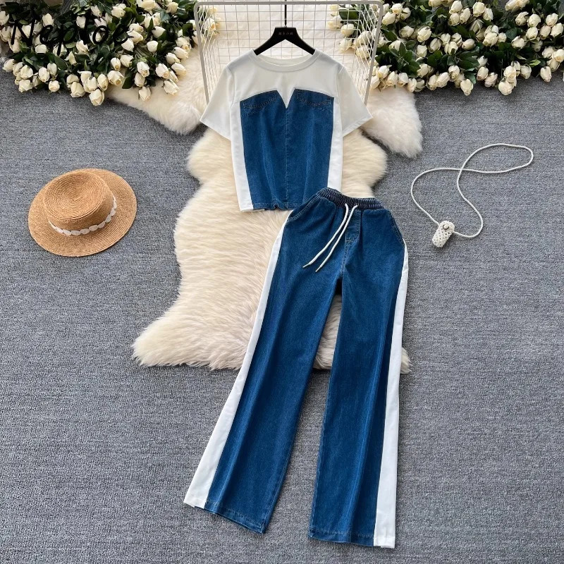 Neploe Simple Fashion Short Sleeve Spliced Denim Top WomensHigh Waist Wide Leg Pants Summer Two Piece Set 241008