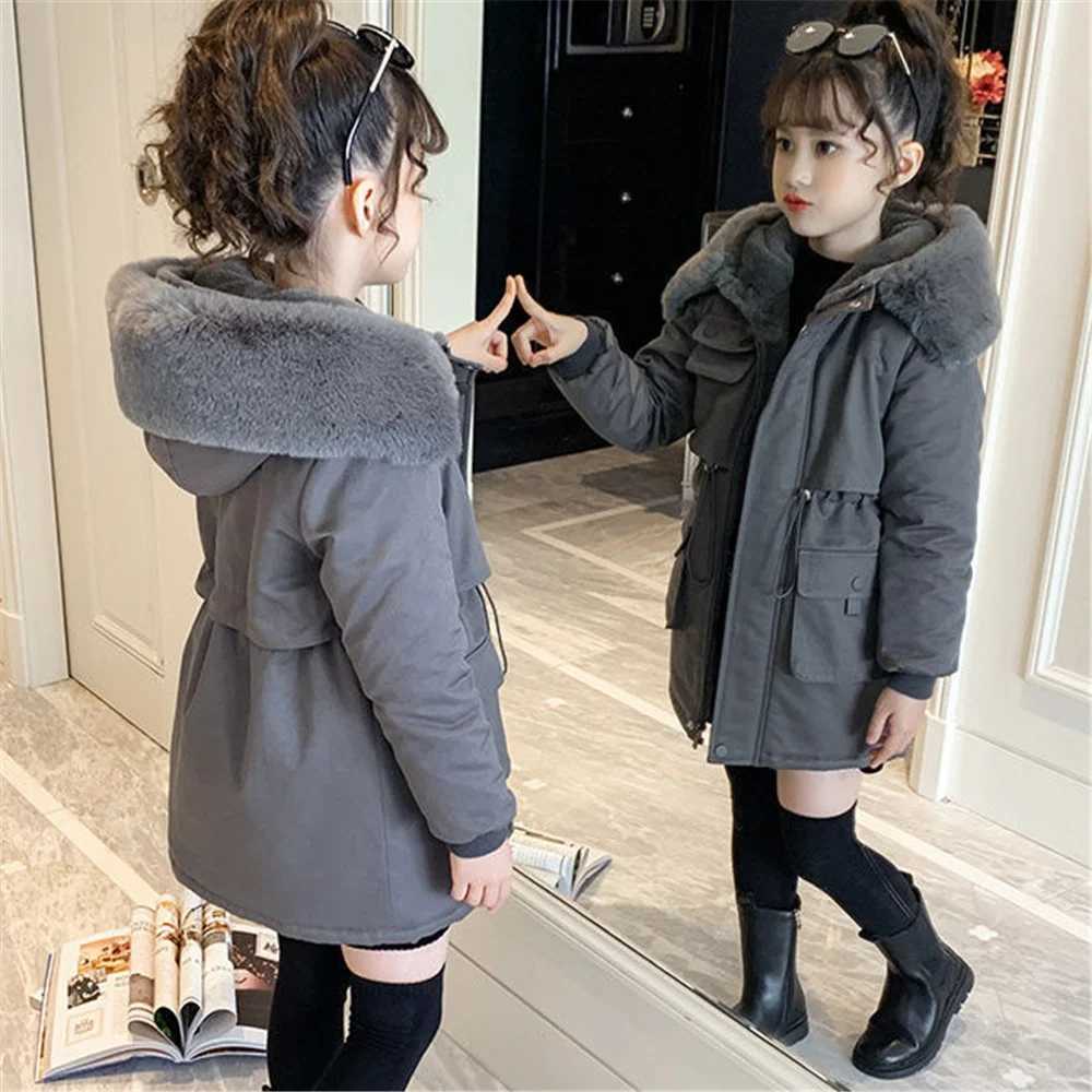 Down Coat Girl clothes Winter Long faux fur coat Warm Plus Velvet Cotton jacket s Thicken Parka children Clothing Hooded Outerwear H241010