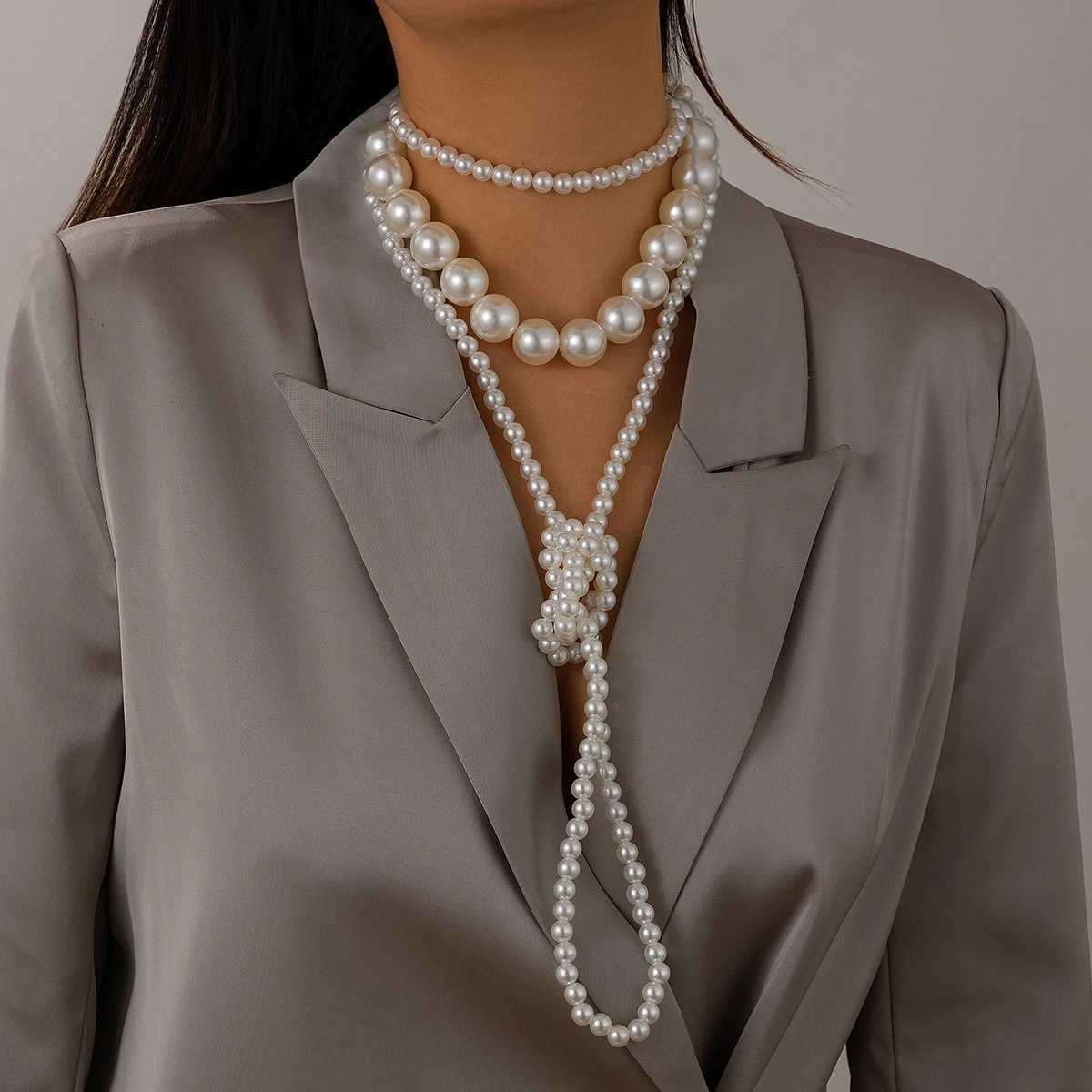 Ingemark 2Pcs/Set Multilayer Imitation Pearl Chain Necklace for Women Wed Bridal Vintage Adjustable Long Link Party Jewelry GiftX241009