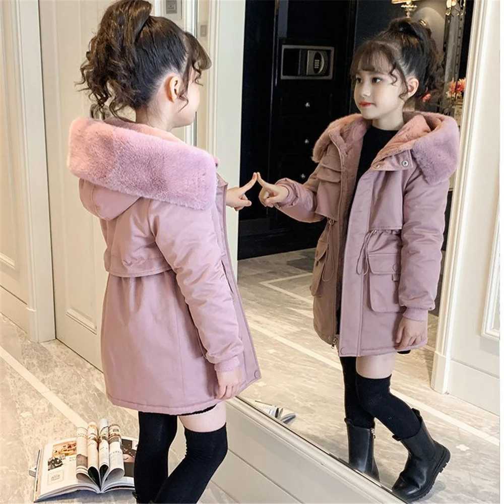 Down Coat Girl clothes Winter Long faux fur coat Warm Plus Velvet Cotton jacket s Thicken Parka children Clothing Hooded Outerwear H241010