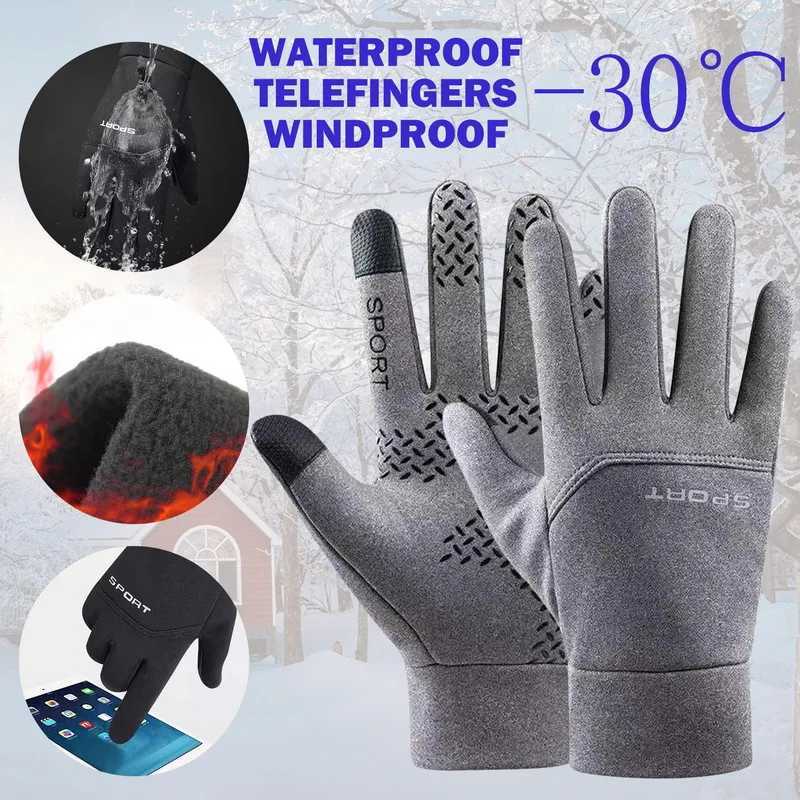 Mens Winter Waterproof Bicycle Gloves Outdoor Sports Skiing Running Motorcycle Touchscreen Wool Gloves Anti slip Warm Full Finger W241009