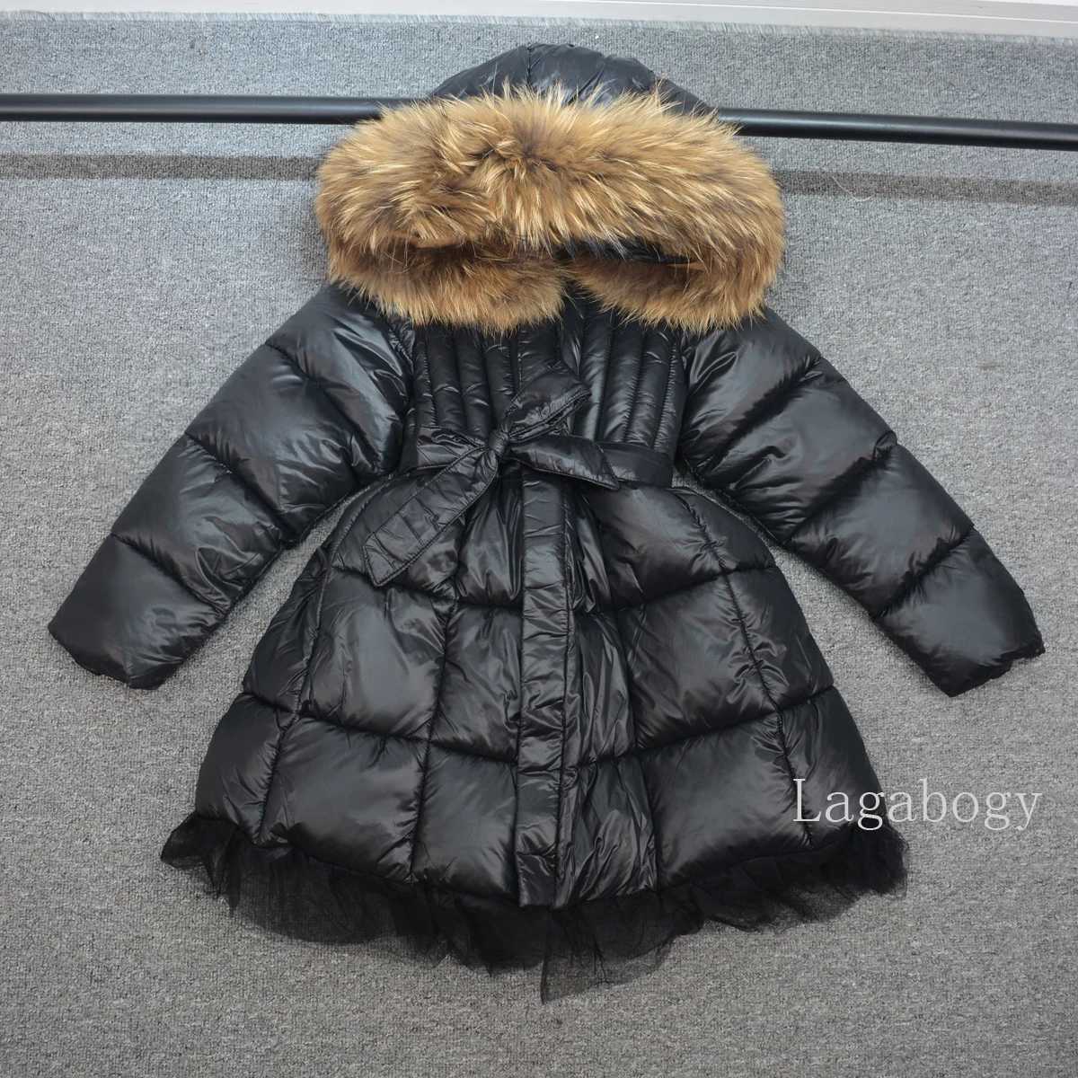 Down Coat Fashion Parka Girls Real Fur Hooded Clothes ultra-thin waistband casual childrens coat mesh dress warm cotton pad jacket TR202 H241010