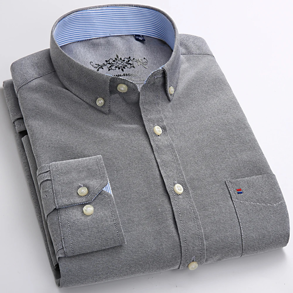 Mens Fashion Long Sleeve Solid Oxford Shirt Single Patch Pocket Simple Casual Standard-fit Button-down Collar Shirts 241010