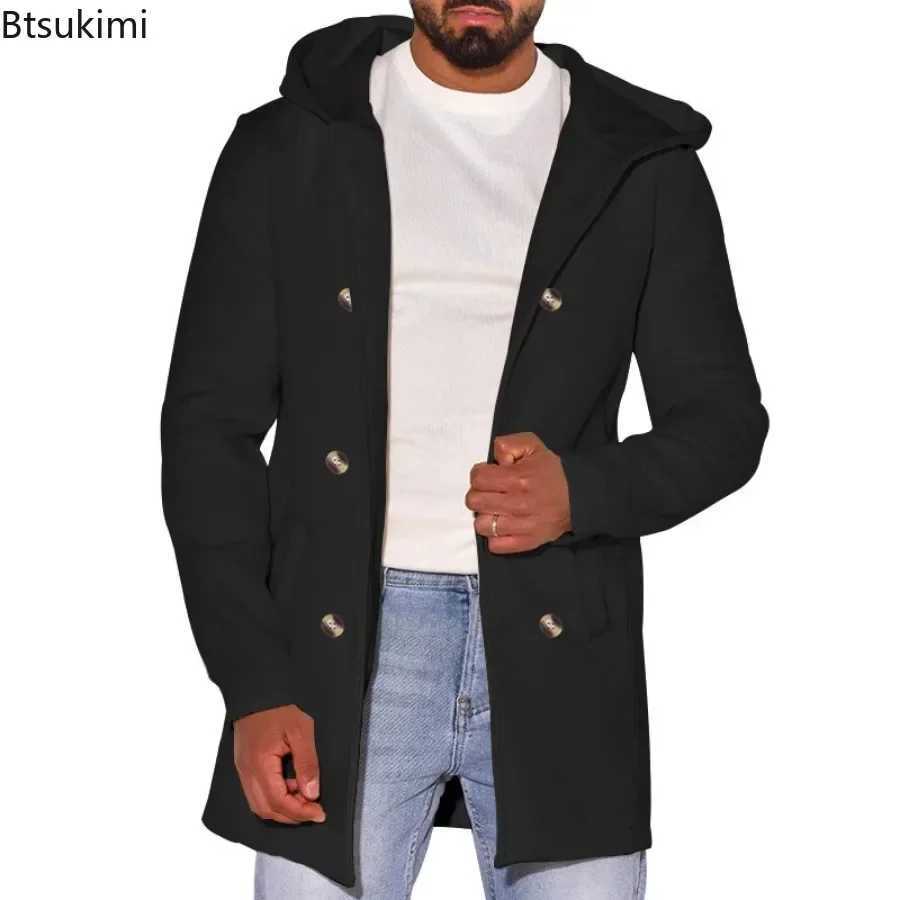 2024 Mens Woolen Hooded Jackets Mid Length Slim Straight Jackets Outerwear Men Autumn Winter Warm Outdoor Windbreaker Blends LX241010
