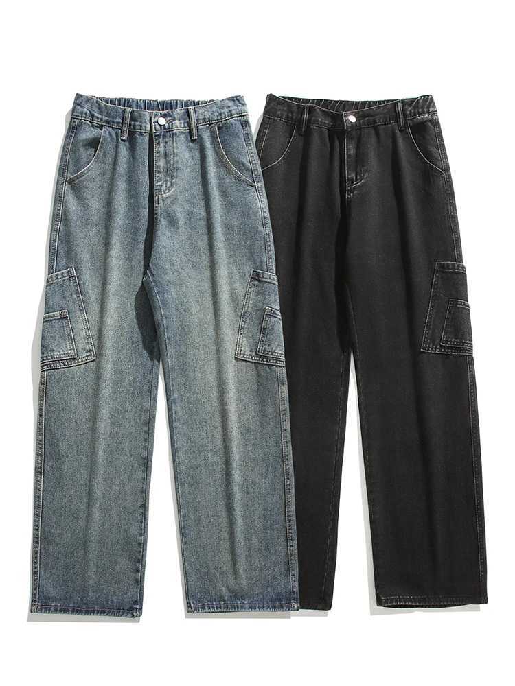 Mens Fashion Patchwork Jeans Korean Straight Vintage Classic Denim Pants Elastic Waist High Street Trousers Male Trendy BrandX241009