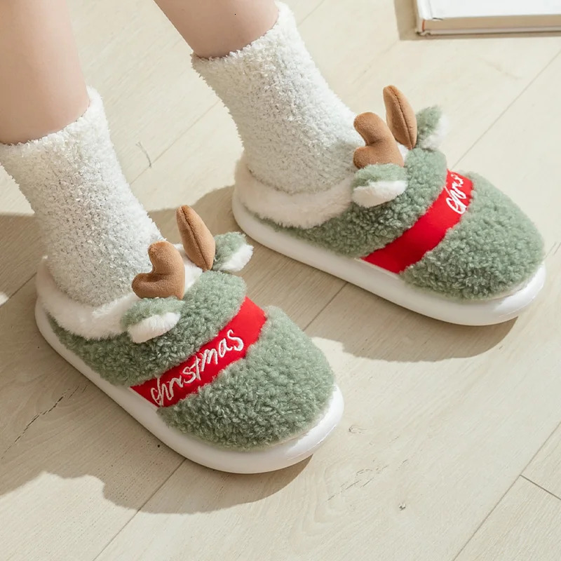 Winter Cotton Warm Plush Fur Antiskid Christmas Slippers Deer Antler Cotton Mops Outdoor Breathable Sole Soft Home Couples Shoes 241010