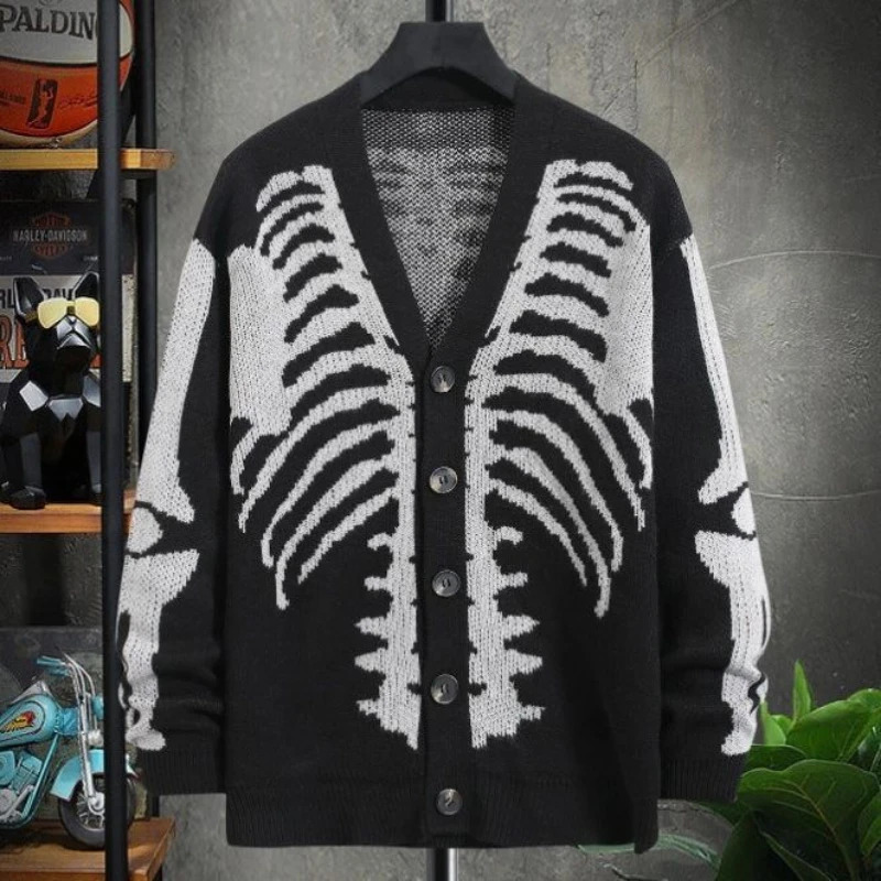 Harajuku autumn mens Halloween skull print long sleeved open collar V-neck button down jacket y2k retro sweater Ins 241007