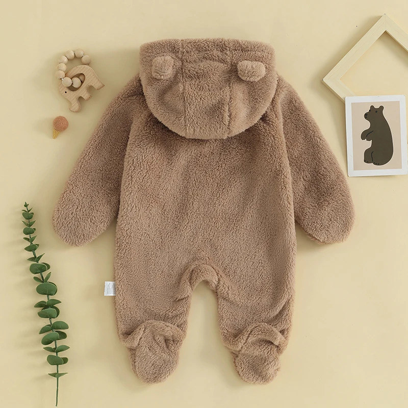 born Baby Girl Boy Solid Bear Ear Warmer Snowsuit Long Sleeve Fleece Hooded Romper Jumpsuit Soft Toddler Kids Winter Playsuit 241008